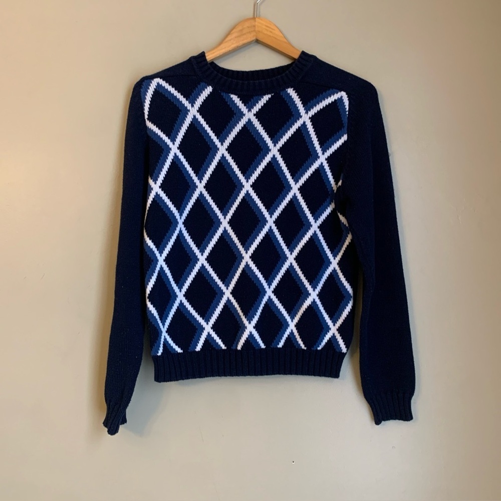 Vintage Lands End Woman’s Cotton Sweater Argyle Small Made In Hong kong